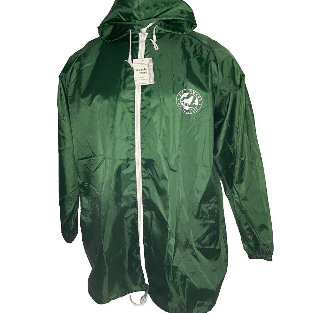 Defenders of Wildlife One Size Green Hooded Rain Jacket Windbreaker PET recycled